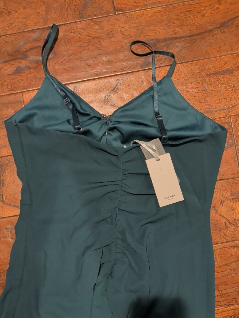 Grace Karin Teal Ruched Midi Dress with Heart Ring - Picture 6 of 12